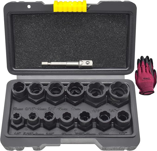 14 Pcs Bolt Nut Extractor Set with Knockout Bar, 3/8" Drive Wheel Lock Removal Kit for Extracting Damaged, Stripped Frozen Nuts & Screws Twist Socket Set, Impact Lug Nut Remover Socket Tool