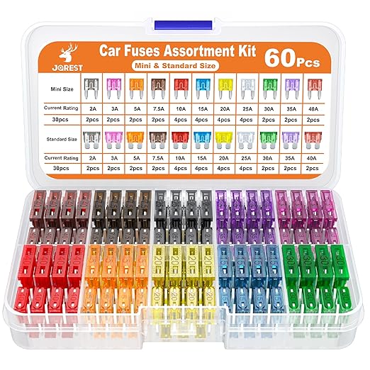 JOREST 60Pcs Car Fuse Assortment Kit - Replacement for Car/RV/Truck/Motorcycle(2Amp 3A 5A 7.5A 10A 15A 20A 25A 30A 35A 40A) - 30 Mini Blade Fuses Automotive + 30 Standard Auto Fuses + Fuse Puller