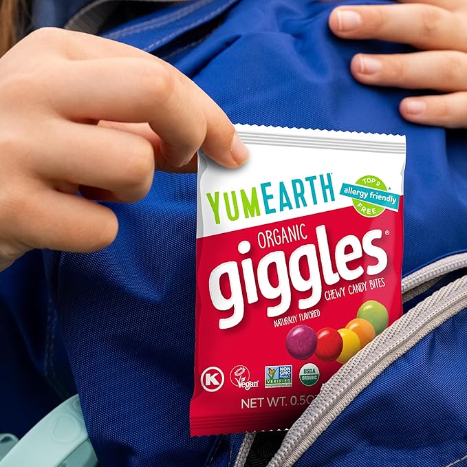 YumEarth Organic Giggles Chewy Candy - Allergy Friendly (Top 9 Free), No Artificial Dyes or Flavors, Non GMO, Gluten Free, Vegan - Individually Wrapped Fruity Snack Packs - 0.5 Ounce (Pack of 10)
