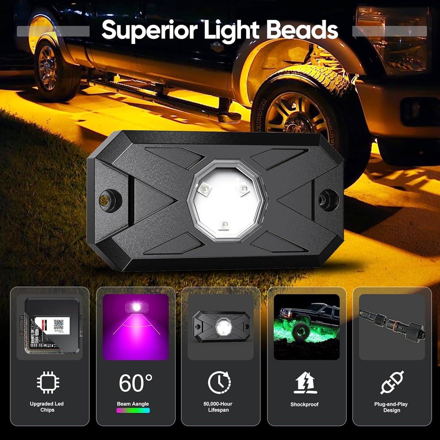 YiLaie 10 Pods LED Rock Lights for Trucks with APP/RF Remote Control, Flashing Music Mode, Upgraded Underglow Led Lights for Truck ATV UTV RZR SUV Golf Cart