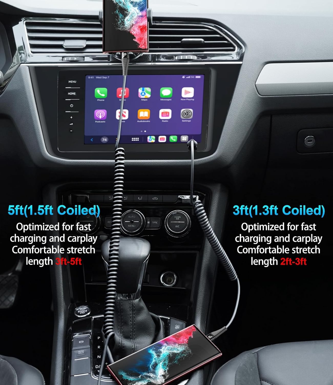 USB C to C Cable for Car 3FT&5FT, 100W Coiled USB C Fast Charging Cable for iPhone 16 Short USB Type C Cable for iPhone 15/Pro/Plus/Pro Max/Samsung Galaxy S23, Compatible All Type C Devices-Black