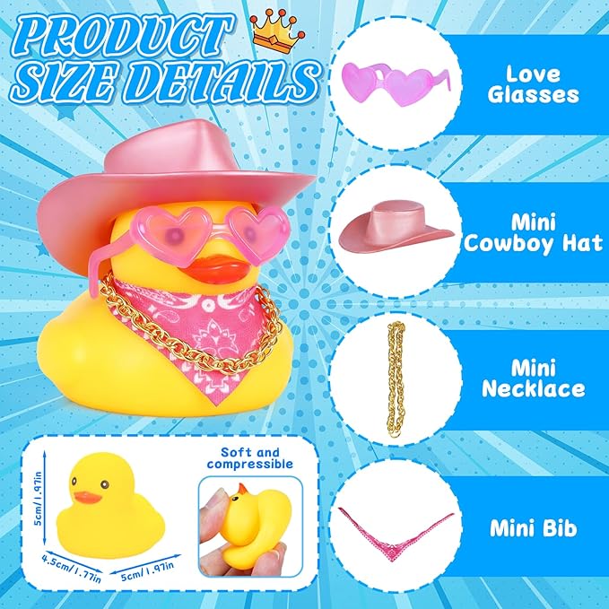 BOZILY Pink Rubber Ducks with Cowboy Hat, Necklace, Heart Sunglasses, Scarf, Funny Car Dashboard Decor, DIY Accessories for Car, Desk, Home Decoration