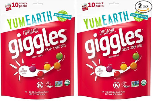 YumEarth Organic Fruit Flavored Giggles Chewy Candy Bites, 10-0.5 oz. Snack Packs, Allergy Friendly, Gluten Free, Non-GMO, Vegan, No Artificial Flavors or Dyes (Pack of 2)