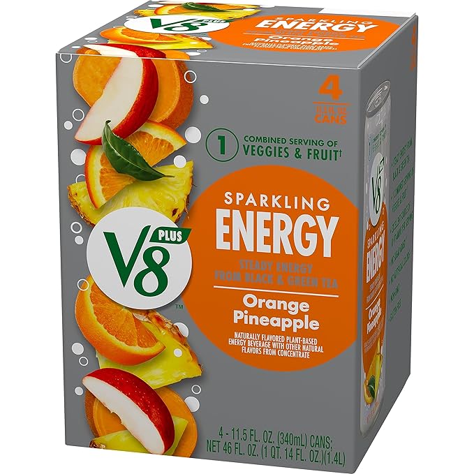 V8 +Energy Sparkling Orange Pineapple Juice Energy Drink, 11.5 fl oz Can (4 Pack)