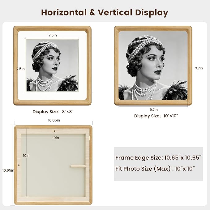 HELPLEX 10x10 Picture Frame Set of 2 - Matte White Oak Wood with HD Tempered Glass, Adjustable for 6x6/8x8 Matted or 10x10 Open, Gallery-Quality Vertical/Horizontal Wall or Tabletop Display