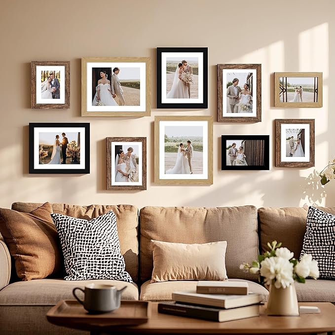 7x10 Picture Frame Set of 4, Made of Real Glass and Natural Oak Frame - Display Picture 5.5x8.5 with Mat or 7x10 Without Mat, 7 by 10 Photo for Wall or Tabletop
