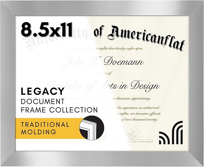 Americanflat 8.5x11 Diploma Frame with Shatter-Resistant Glass - Document Frames with Engineered Wood - Legacy Collection - Certificate Frame for Tabletop and Wall Display - Silver