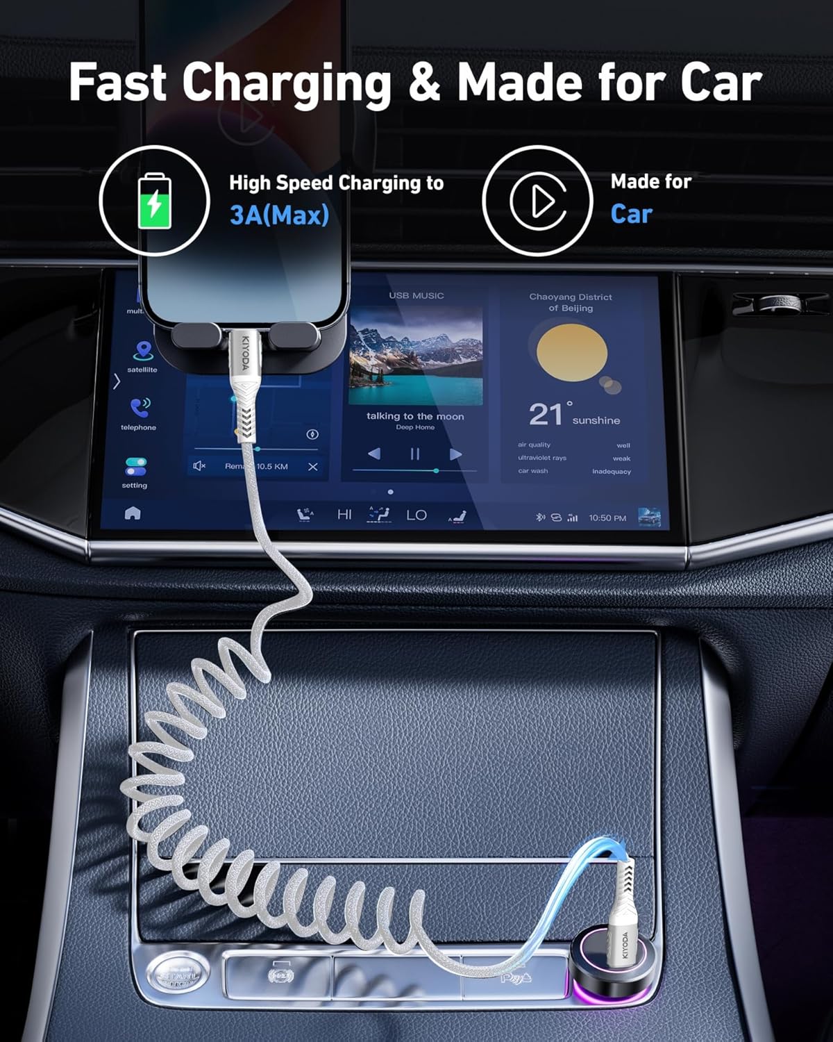 Coiled USB C to C Cable 3ft+6ft, Coiled USB C Cable for Car, Braided Type C Charger 66W Fast Charging Cord Compatible with iPhone 16 15, iPad, Samsung Galaxy, Google Pixel, Moto, LG, TCL Phones-Silver