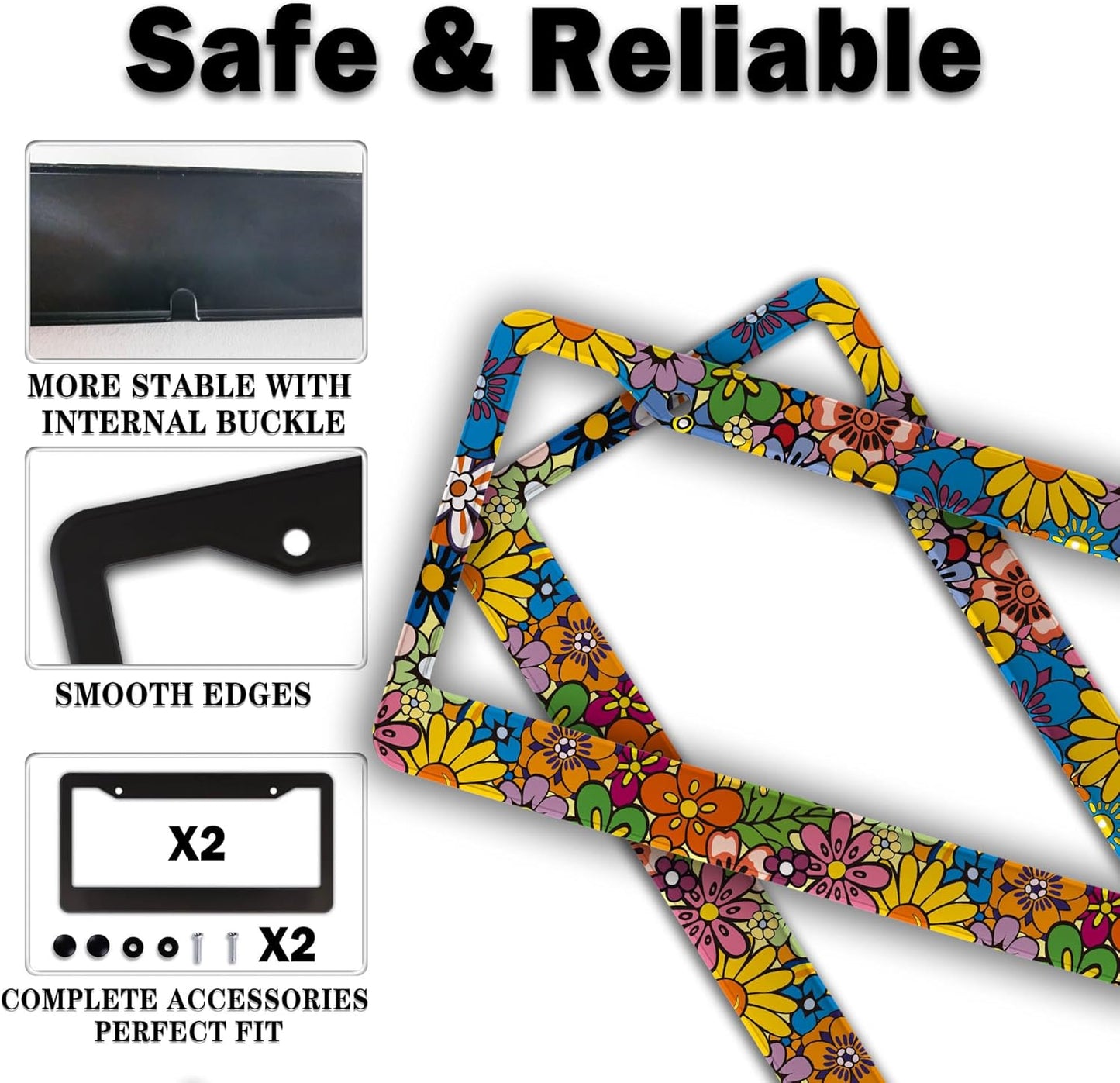 License Plate Frames Multicolor Car Plate Frames Abstract Hippie Flowers Universal Aluminum Car Accessory 2 Pack with Screw Covers Set