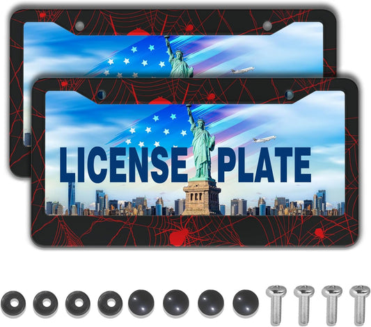 Custom License Plate Frame Red and Black License Plate Frames Red Spider Web Universal Aluminum Car Accessory 2 Pack with Screw Covers Set