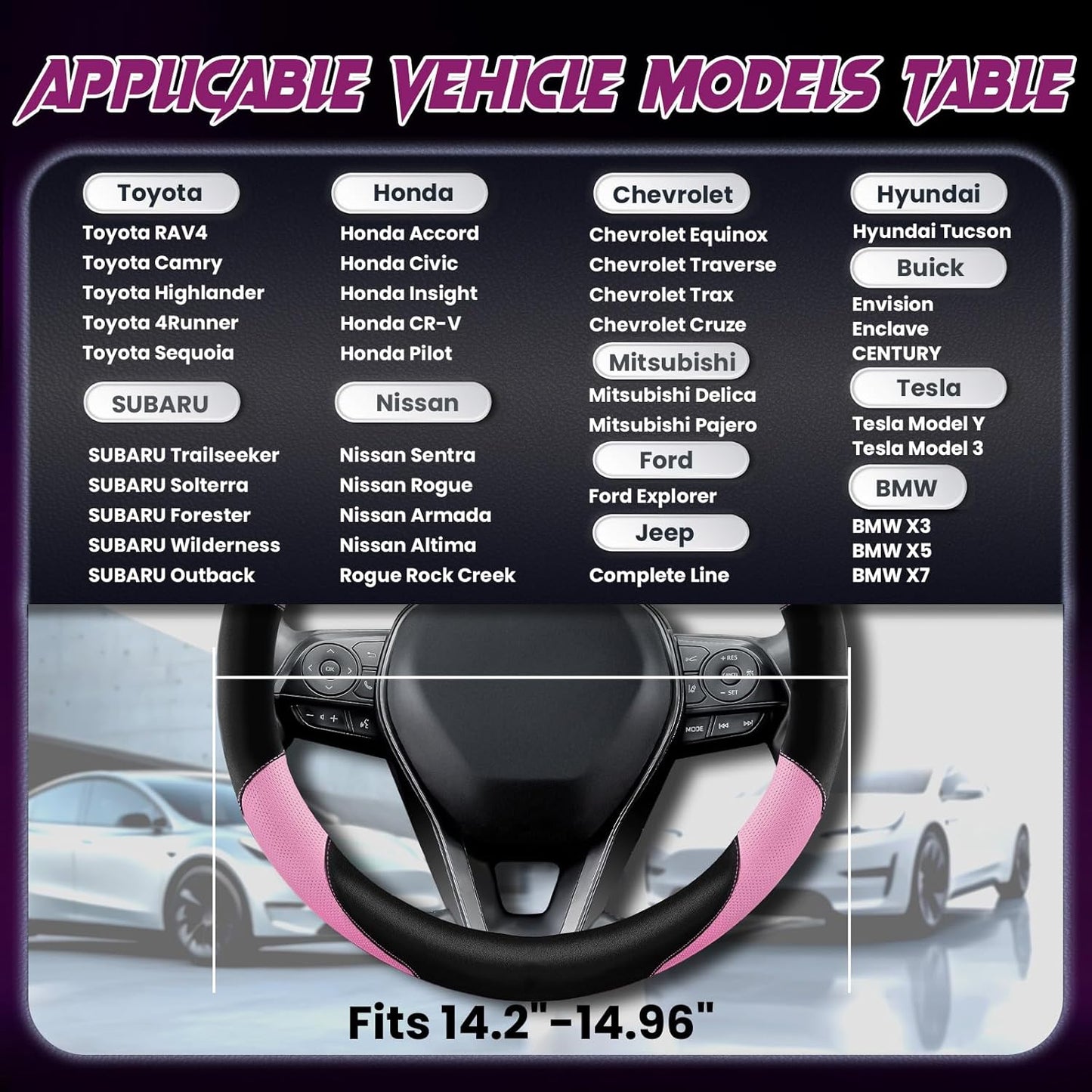 Soft Leather Steering Wheel Cover with Breathable Design and Anti-Slip Grip, Fully Compatible with Tesla, Toyota, Honda, Nissan 14.2-14.96 inch Round Steering Wheel（Sedans and SUVs）