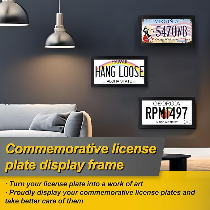 Feekoon 2 Pack License Plate Wall Frame, 13.7" x 7.4" Modern Black Display License Plate Cover with 98% UV Protection Acrylic Imitation Wood Polystyrene License Frame Display Vehicle Tag with Hanger