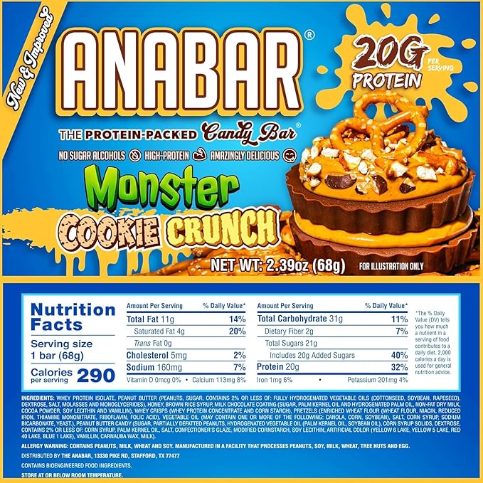 Anabar Protein Bar, The Protein-Packed Candy Bar, Amazing Tasting Protein Bar, No Sugar Alcohols, High Protein, Amazingly Delicious, 20 Grams of Protein (12 Bars, Monster Cookie Crunch)