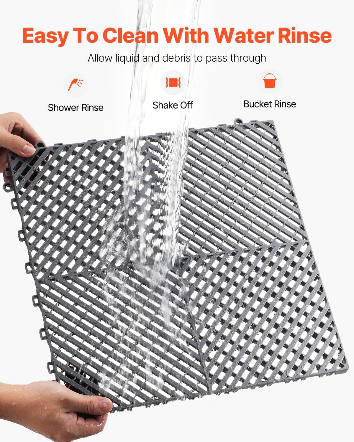 VEVOR Interlocking Drainage Mat, 15.7” x 15.7” Modular Interlocking Cushion, 24 Pcs Splicing Drainage Mats, Non-Slip Gray PP Drainage Floor Tile and Shower Mat, for Garage, Garden, Kitchen & Outdoor