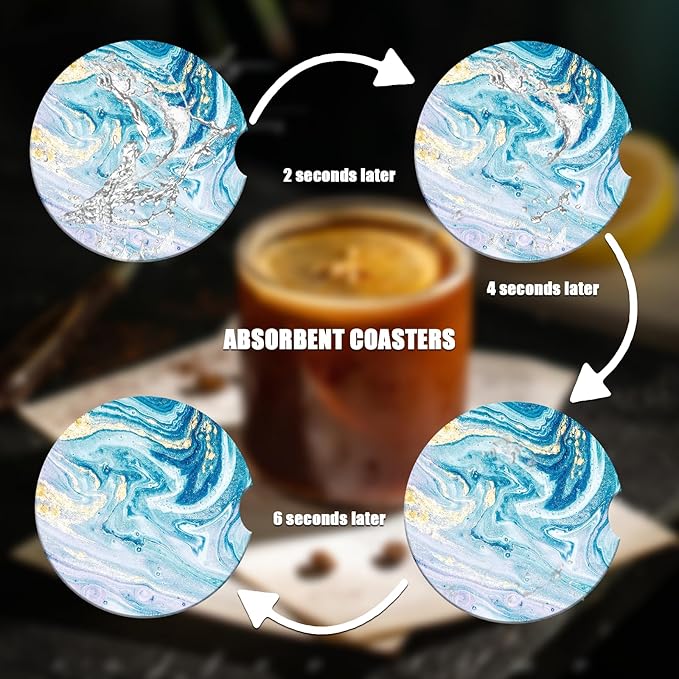 Car Cup Holder Coaster - Blue Absorbent Ceramic Coaster 2 Pack, Car Coasters for Cup Holders, Fashion Car Interior Accessories Drink Coaster for Women & Men