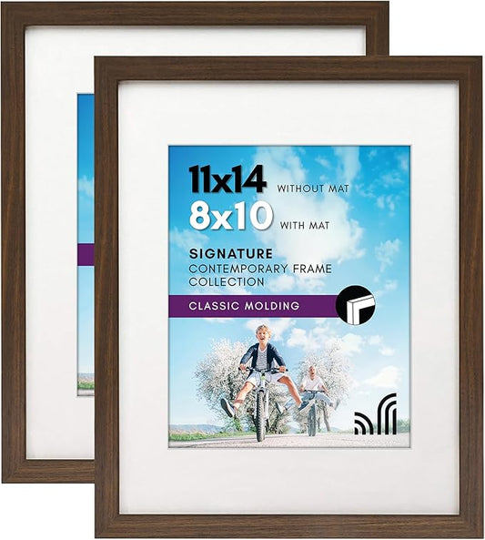 Americanflat 11x14 Picture Frame with Shatter-Resistant Glass - Set of 2 - Use as 8x10 Frame with Mat or Display 11x14 Photo Without Mat - Signature Collection - Picture Frames for Wall - Walnut
