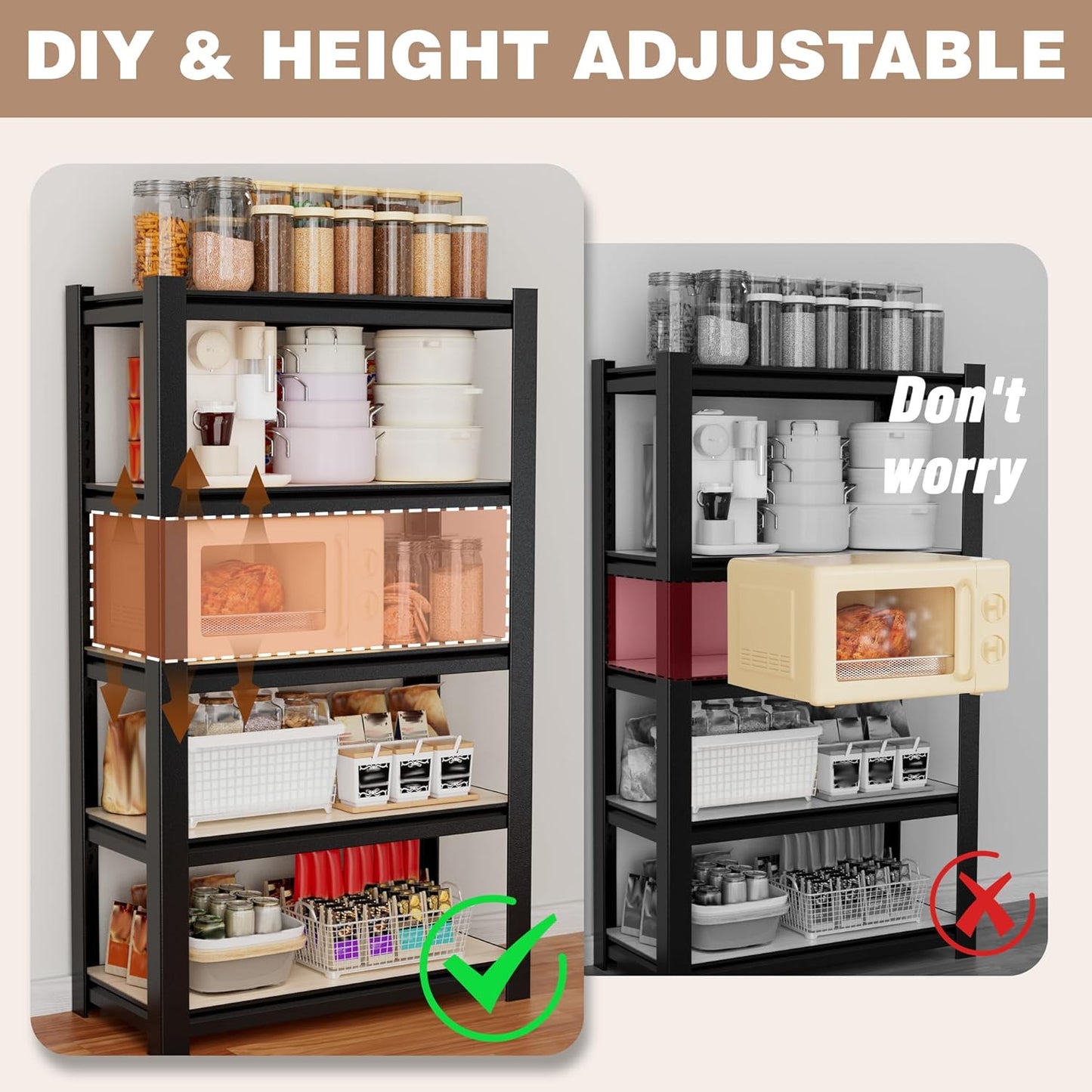 WORKPRO House 5-Tier Shelving Unit, 3000lbs Adjustable Storage Shelves, Boltless Book Shelf, Shelf Organizer for Kitchen, Living Room, Bathroom, Wood Grain Pattern, Waterproof Board, 24-1/10"W, Black