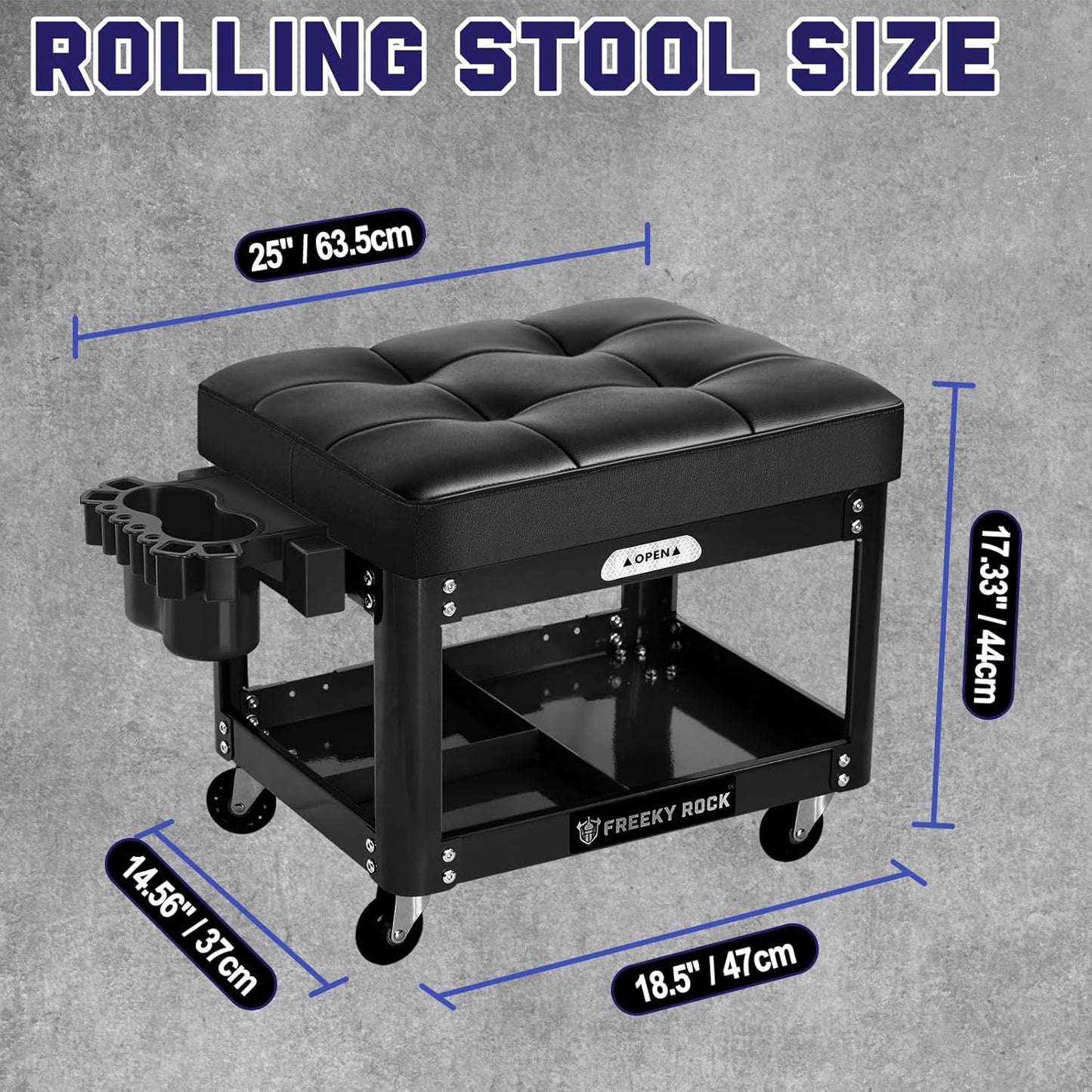 Rolling Mechanic Shop Stool with Wheels, Garage Mechanics Stool with 2 Layer Repair Tools Tray, Padded 360° Swivel Automotive Roller Creeper Seat Shop Chair, Heavy Duty, 330 LBS Capacity, Black