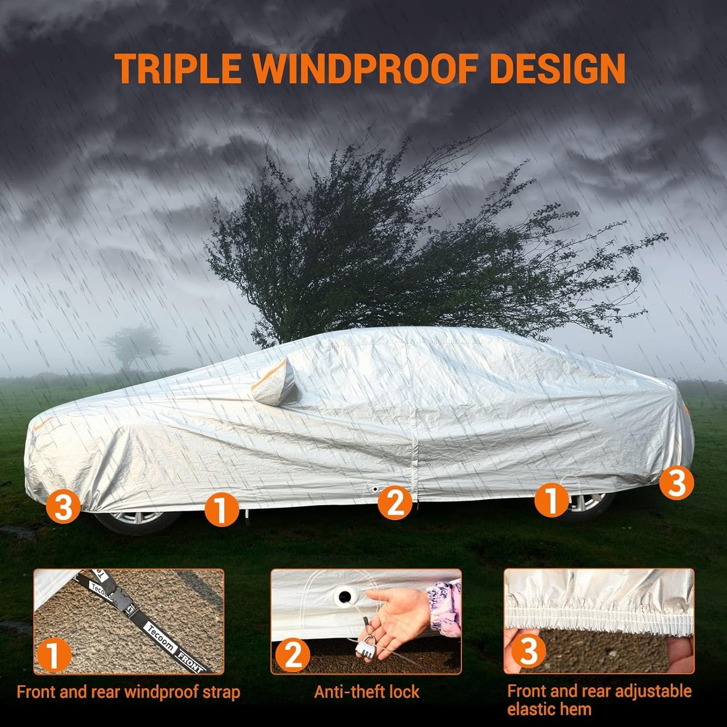 Tecoom Car Cover Waterproof All Weather, 3 Layers Car Covers for Automobiles, Fleece Lining with Zipper Door Lock Full Outdoor Car Cover Wind Snow Hail UV Sun Protection Fit for Sedan (201-210 Inch)
