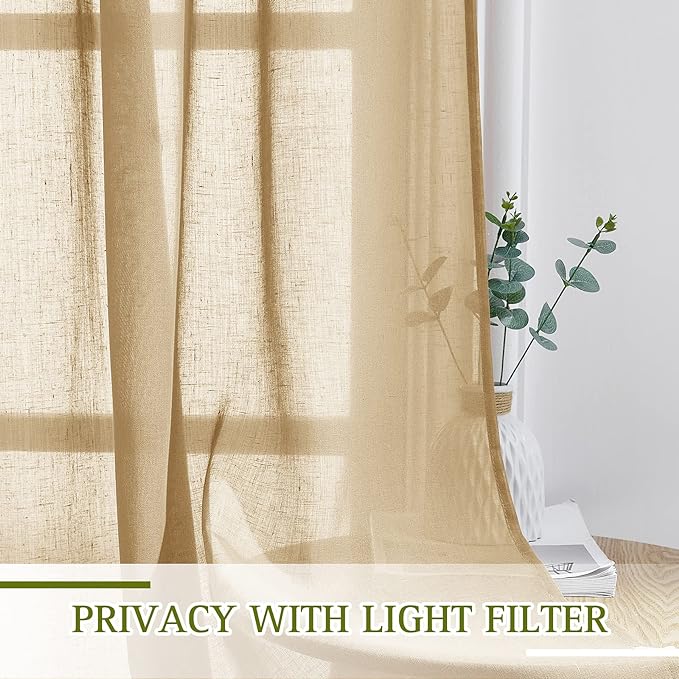 NICETOWN Sheer Curtains Flax Texture 84 inch Length, Grommet Semi Sheer Window Treatments Privacy with Light Filtering Drapes for Bedroom/Living Room, Camel, W52 x L84, 2 Panels