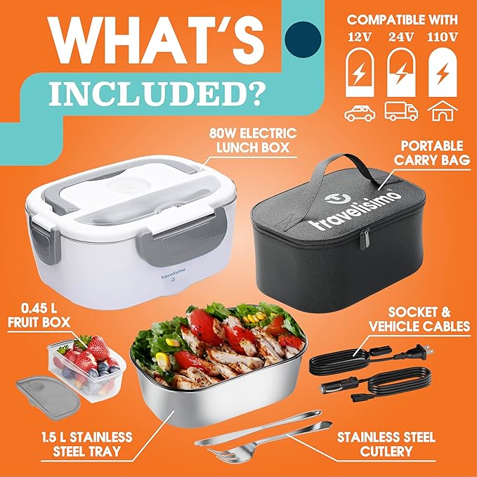TRAVELISIMO Electric Lunch Box for Adults, 80W Heated Lunch Box 1.5L Stainless Steel Portable Food Warmer, 12/24/110V Lonchera Electrica Portatil for Travel & Work, Loncheras para Hombres de Trabajo
