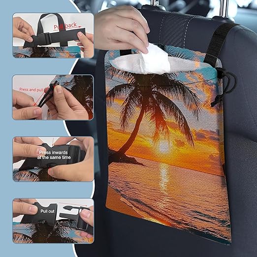 Seaside Sunrise Car Trash Bag,Coconut Tree Strap Drawstring Car Garbage Bags,Car Back Seat Organizer with Adjustable Buckle for Car Accessories