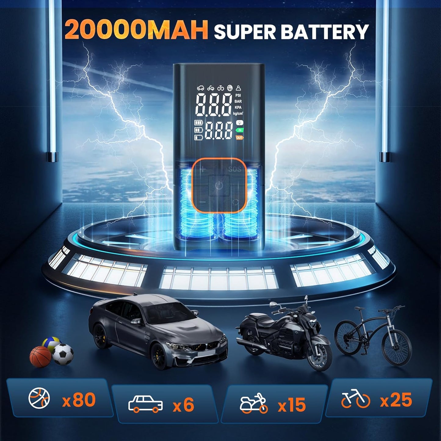 Tire Inflator Portable Air Compressor, 150PSI Bike Pump with Tire Pressure Gauge, LED Lights & Car Accessories, Cordless Air Pump for Car Tires, Bike, Motorcycle, Ball(Tangerine)