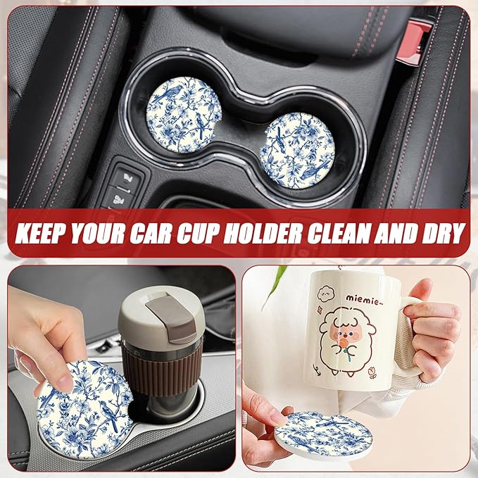 Blue Bird Floral Car Coasters for Cup Holders, Absorbent Ceramic Car Coaster Car Cup Holder Coaster Car Accessories for Women Men (2 Pack)