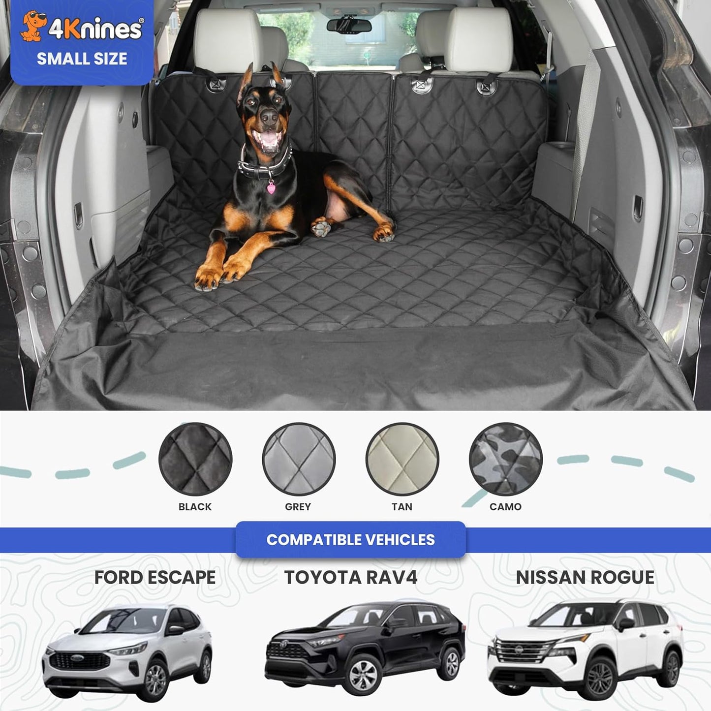 4Knines SUV Cargo Liner for Dogs, Trunk Mat for SUV, Durable Cargo Cover, Protector – Compatible with 60/40 Split Bench & Armrest Pass-Through, Waterproof, Machine Washable, Non-Slip (Small, Black)