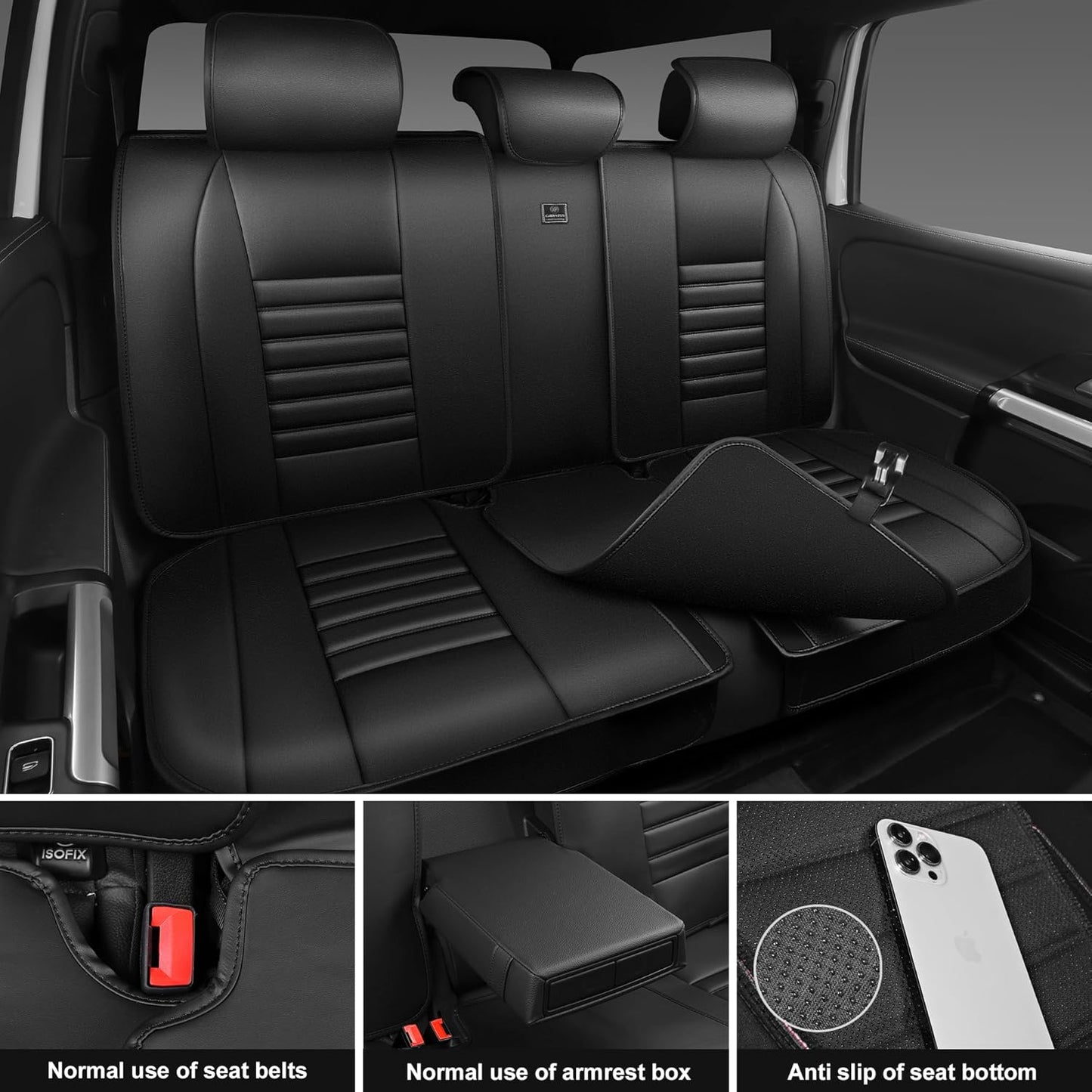 CAR PASS Back Seat Covers, Nappa Leather Rear Seat Bench Cushion Lined Sponge Waterproof Breathable PU Split Back Row Protector Universal Fit for Car Vehicle Sedan SUV Pickup Truck, Back Rear Seats