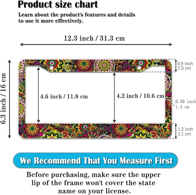 License Plate Frames Multicolor License Plate Frame Hippie Boho Floral Bright Color Folk Daisy Flower Universal Aluminum Car Accessory 2 Pack with Screw Covers Set