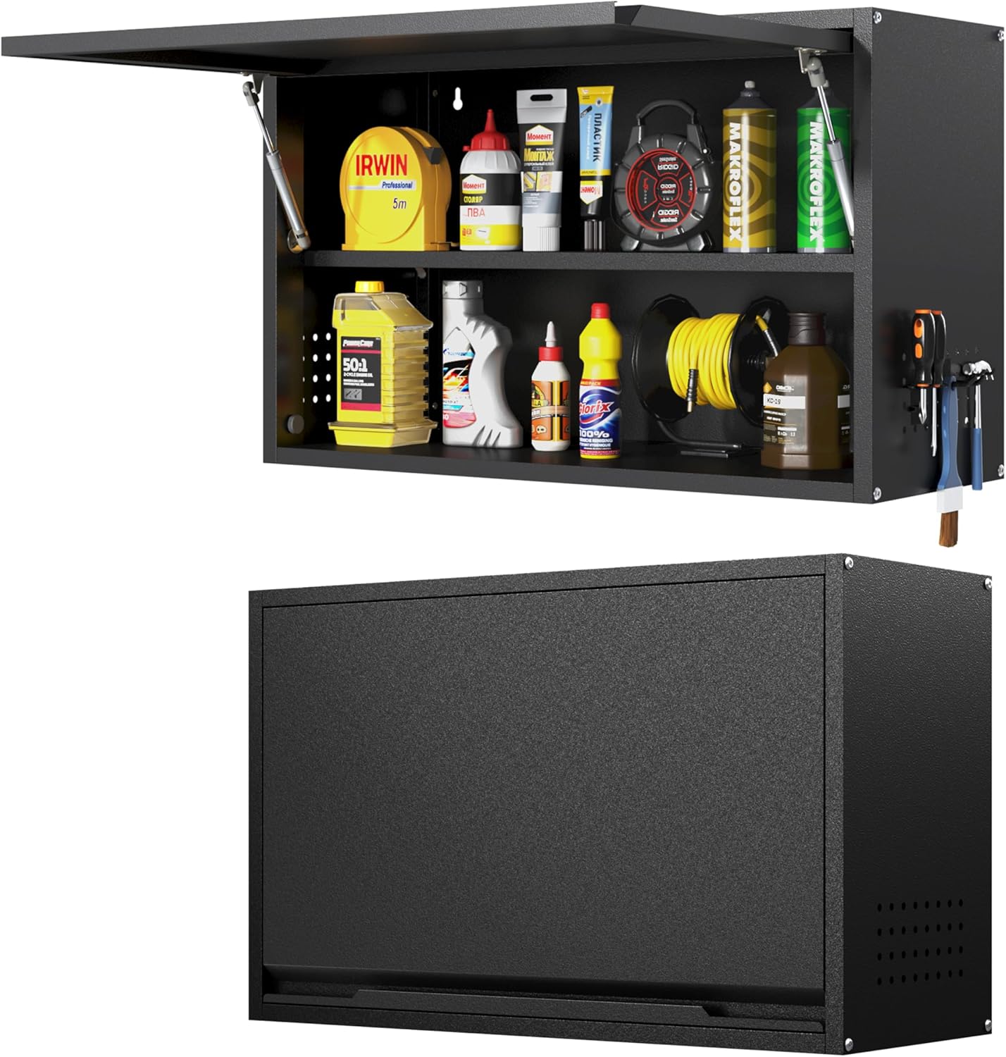 Metal Wall Cabinet with Up-flip Door,Metal Wall Storage Cabinet with Adjustable Shelf,Wall Mounted Tool Cabinets with Pegboard for Garage,Basement,Home Office, Kitchen,Warehouse-Black