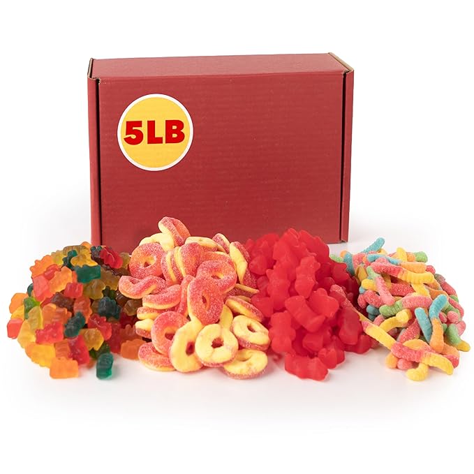 5 lb Bulk Gummy Candy Box – Includes Gummi Bears, Cinnamon Bears, Sour Gummy Worms, and Gummi Peach Rings – Fun Variety Mix for Candy Buffets, Parties, Snacking & Gifting