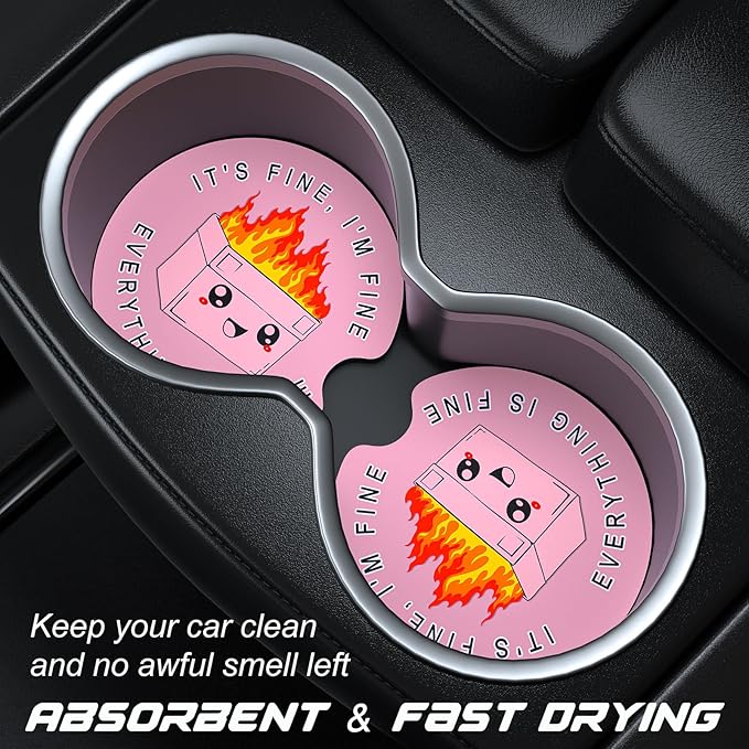 Car Cup Holder Coasters, 2 Pack Universal Auto Anti Slip Insert Coaster with A Finger Notch, Cute Car Assecories for Women Men, Cup Mat for Most Interior, Pink Cute Dumpster