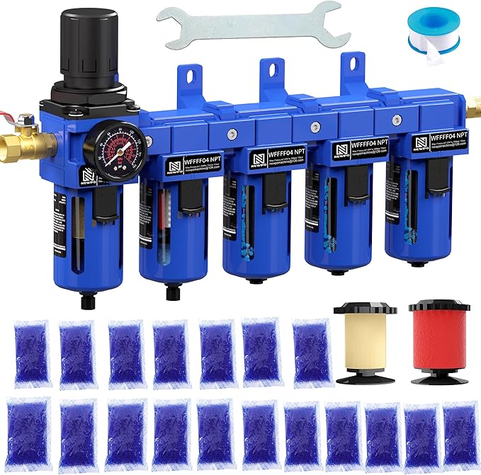 NEWPO 1/2" NPT 5 Stage Air Dryer for Compressor,Brass Coalecsing Filter,Triple Desiccant Dryer & Air Drying System,Air Pressure Regulator with Semi-Auto Drain (Blue)