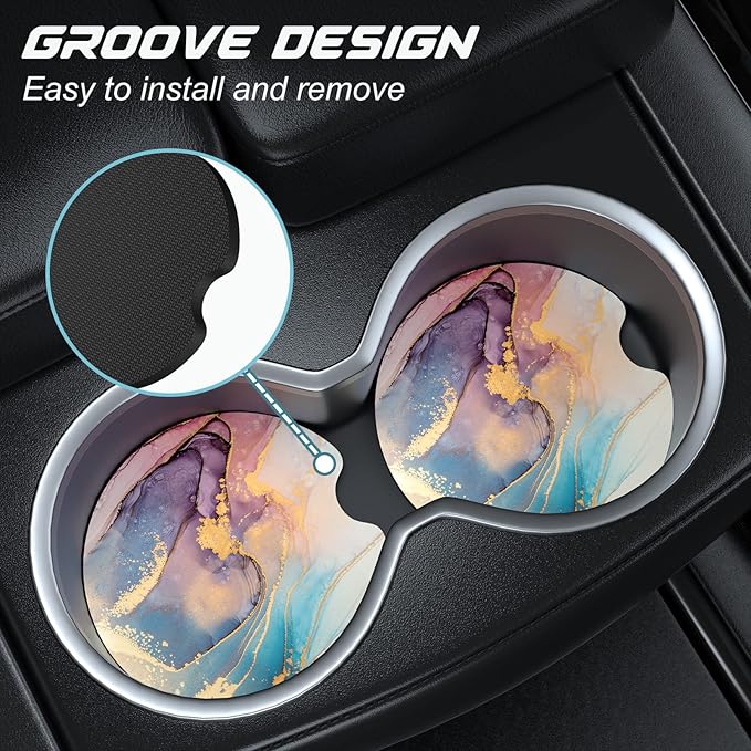 Car Cup Holder Coasters, 2 Pack Universal Auto Anti Slip Insert Coaster with A Finger Notch, Cute Car Assecories for Women Men, Cup Mat for Most Interior, Purple Ink Marble