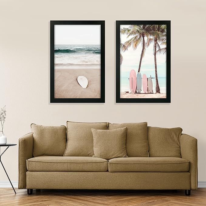 11x17 Frame Set of 2, Rustic Black Wood Style - Display 11 x 17 Poster without Mat or 8x12 Picture with Mat, Wall Mounting Horizontal and Vertical