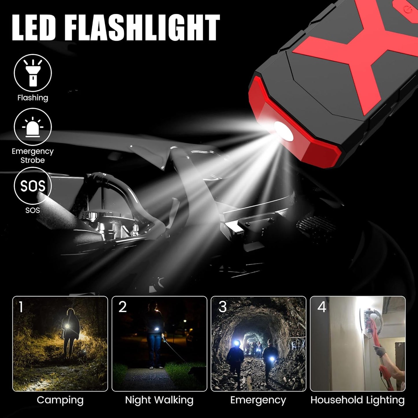 BOOKOO Jump Starter 2000A for Car/Boat/Lawnmower(8.0L Gas/6.5L Diesel Engine) Portable 12V Car Battery Jump Starter with Cables,Wall Charger,USB 3.0 Fast Charging,16V DC Output,3 LED Modes