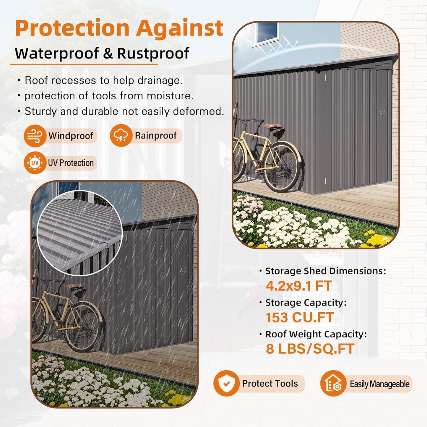 Lean to Storage Shed 4 x 9 FT Outdoor Metal Wall Storage Shed & Garden Storage Cabinet, Tool Shed with Sloping Roof, 2 Vents & Side Open Door for Backyard, Patio, Garage & Lawn, Gray