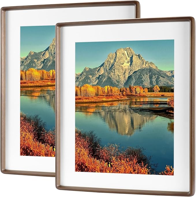 HELPLEX 12x16 Premium Picture Frame Set of 2 - Solid Walnut Wood, UV-Blocking Plexiglass, Convertible 8.5x11 Matted or 12x16 Open Display - Wall Art Gallery & Luxury Home Decor
