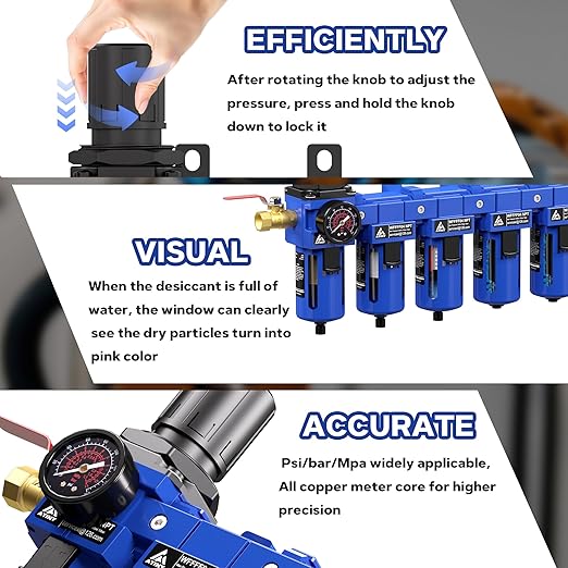 1/2'' NPT 5 Stage Air Drying System,5 &0.5 &0.01 Micron Filter Cartridge,Double Desiccant Dryers & Air Regulator,Metal Bowl, Semi-Auto Drain,Industrial Grade-Blue