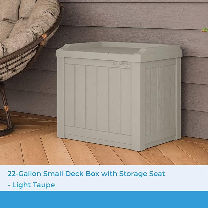 Suncast Small Deck Box-Lightweight Resin Indoor/Outdoor Storage Container and Seat Cushions and Gardening Tools Store Items on Patio, Garage, Yard, 22 Gallon, Light Taupe