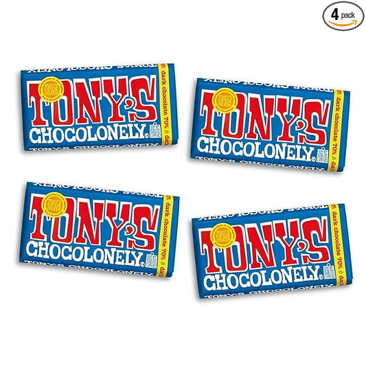Tony's Chocolonely 70% Dark Chocolate Bar - Dark Belgium Chocolate, No Artificial Flavoring, Fairtrade & B Corp Certified - 6.35 Oz, 4 Bars
