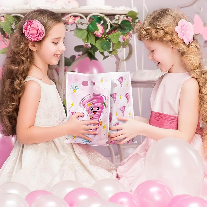 Two Nado Party Favor Bags - 50Pcs Pink Tornado Patterns Goody Candy Treat Gifts Bags, Cute Two Nado Themed Kid Party Decorations for Baby Girls Boys 2nd Birthday Baby Shower Supplies