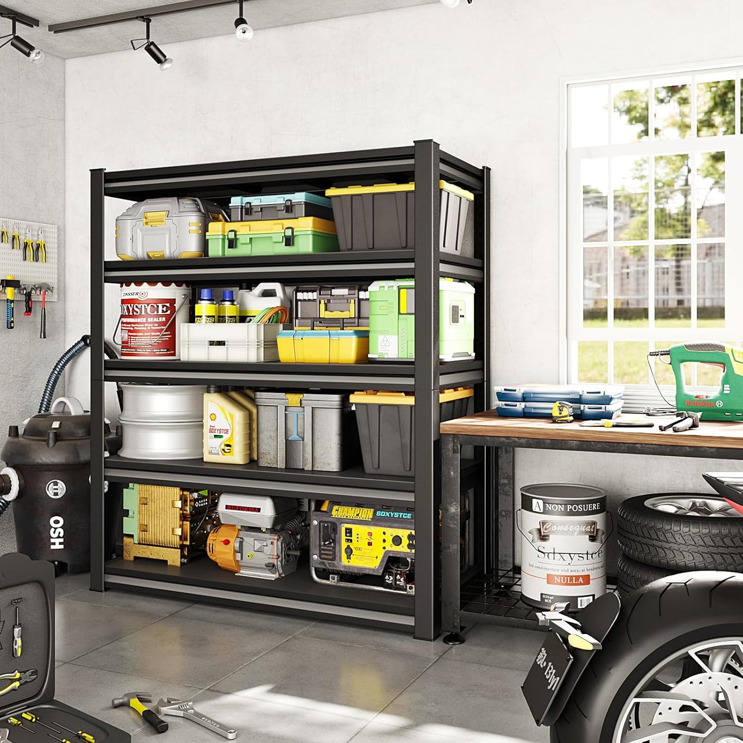 48" W Garage Shelving Heavy Duty，3000LBS Loads Adjustable Garage Storage Shelves,5-Tier Metal Storage Racks and Shelving Units, Utility Rack Shelves,48”W x 24”D x 78”H,Black