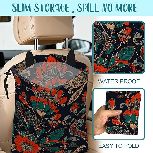 Car Garbage Bag Abstract Red and Green Flowers Hanging Canvas Car Trash Bag Waterproof Drawstring Car Back Seat Organizer for Car Back Front Seat Console with Adjustable Buckle