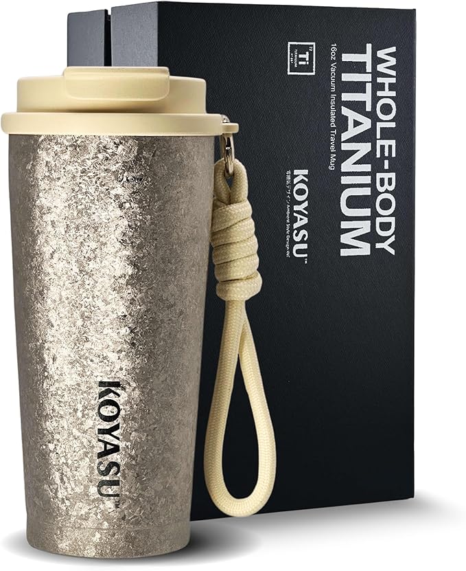 KOYASU 16oz Whole-Body Titanium Travel Mug – Double-Wall Insulated Cup, Leak-Proof Lid, Lightweight & Reusable, BPA-Free Tumbler, Wide Mouth, Durable, Hot 6H/Cold 24H, for Commute or Camping (Silver)