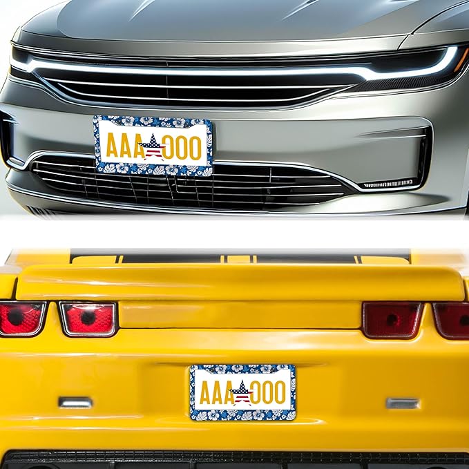 License Plate Protector White Purple License Plate Frames Hawaiian Hibiscus Aluminum Metal Car Accessory 2 Pack with Screw Covers Set