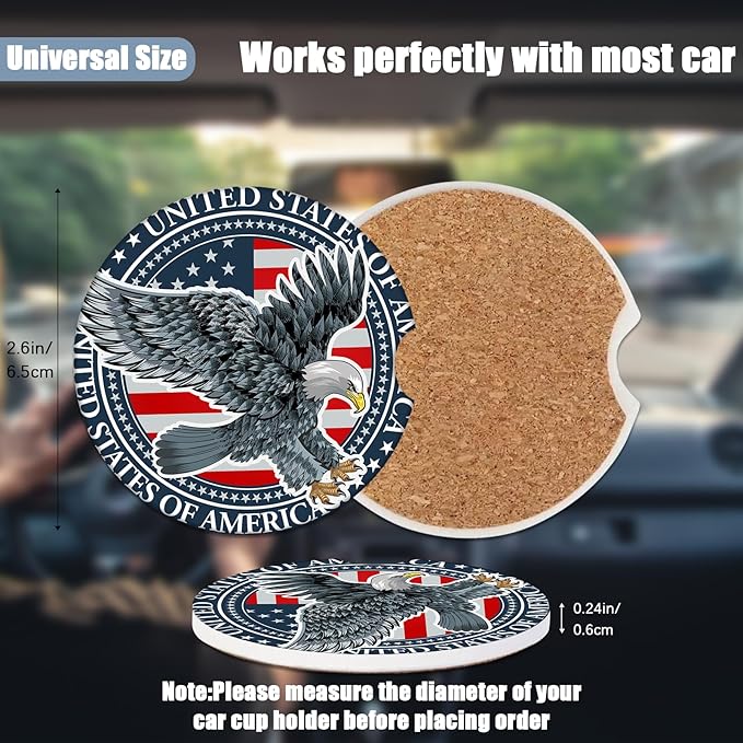 Car Cup Holder Coaster - Vintage USA Flag Eagle Absorbent Ceramic Coaster 2 Pack, Car Coasters for Cup Holders, Fashion Car Interior Accessories Drink Coaster for Women & Men
