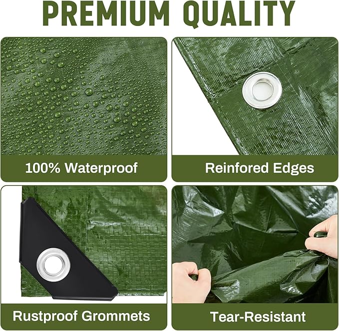 12 Pack 6 x 8 ft 5.5 Mil Large Tarps Heavy Duty Waterproof Tarp Multi Purpose Tent Cover for Home Boats Cars Camping Patio Furniture Roof Emergency Rain Protective Cover, Army Green